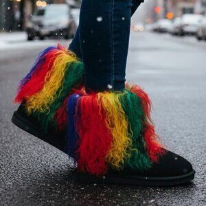 Bearpaw Boo Rasta Tie-Dye Shearling Wool Curly Lamb Fur Mongolian Sherpa Boots 8